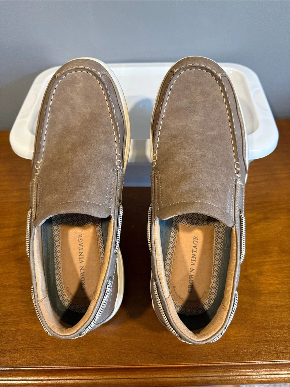 Crown Vintage Pemberly Taupe Slip-On Boat Shoes with White Sole